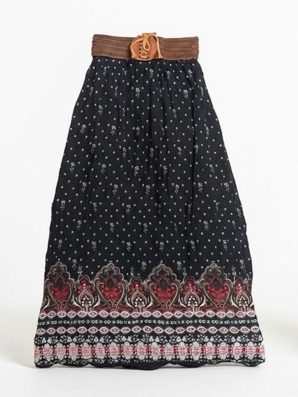 Black Printed Maxi Skirt with Brown Waistband and Red Border Detail